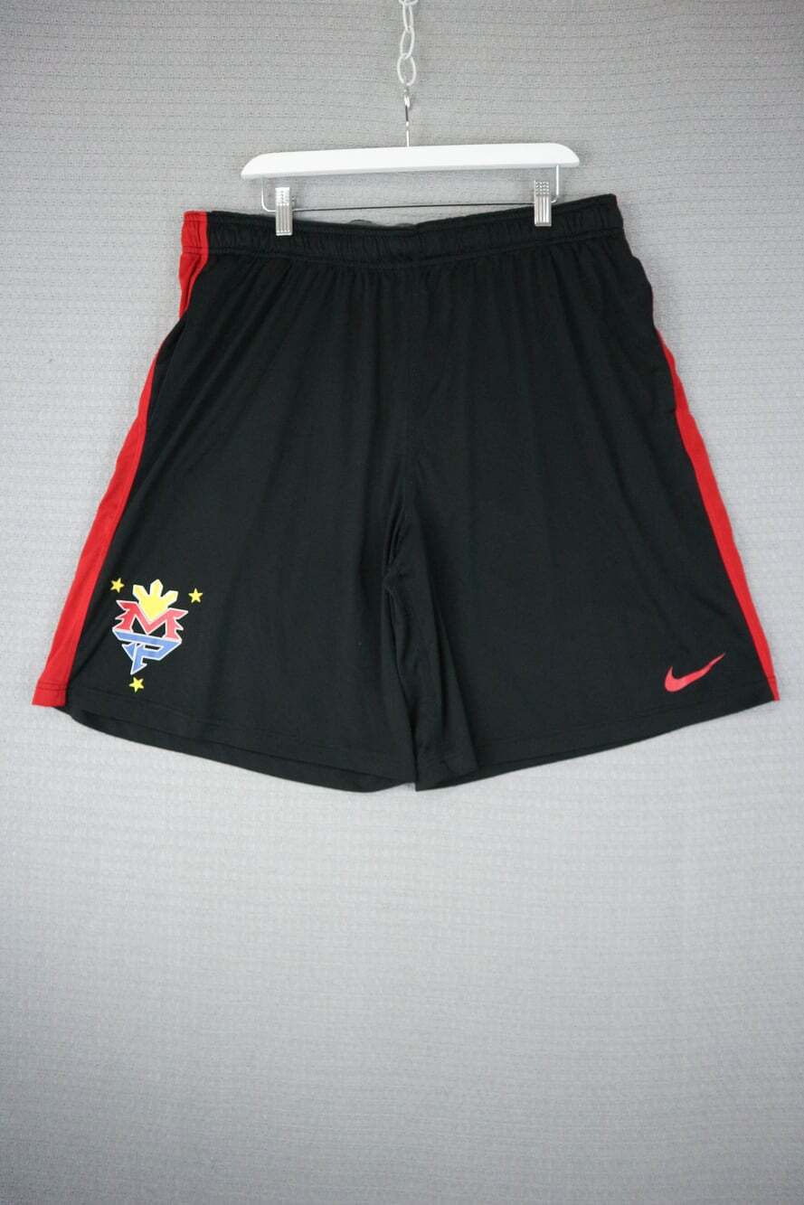 Nike Manny Pacquiao Logo Athletic Gym Shorts Black with Red Stripes Boxing XXL